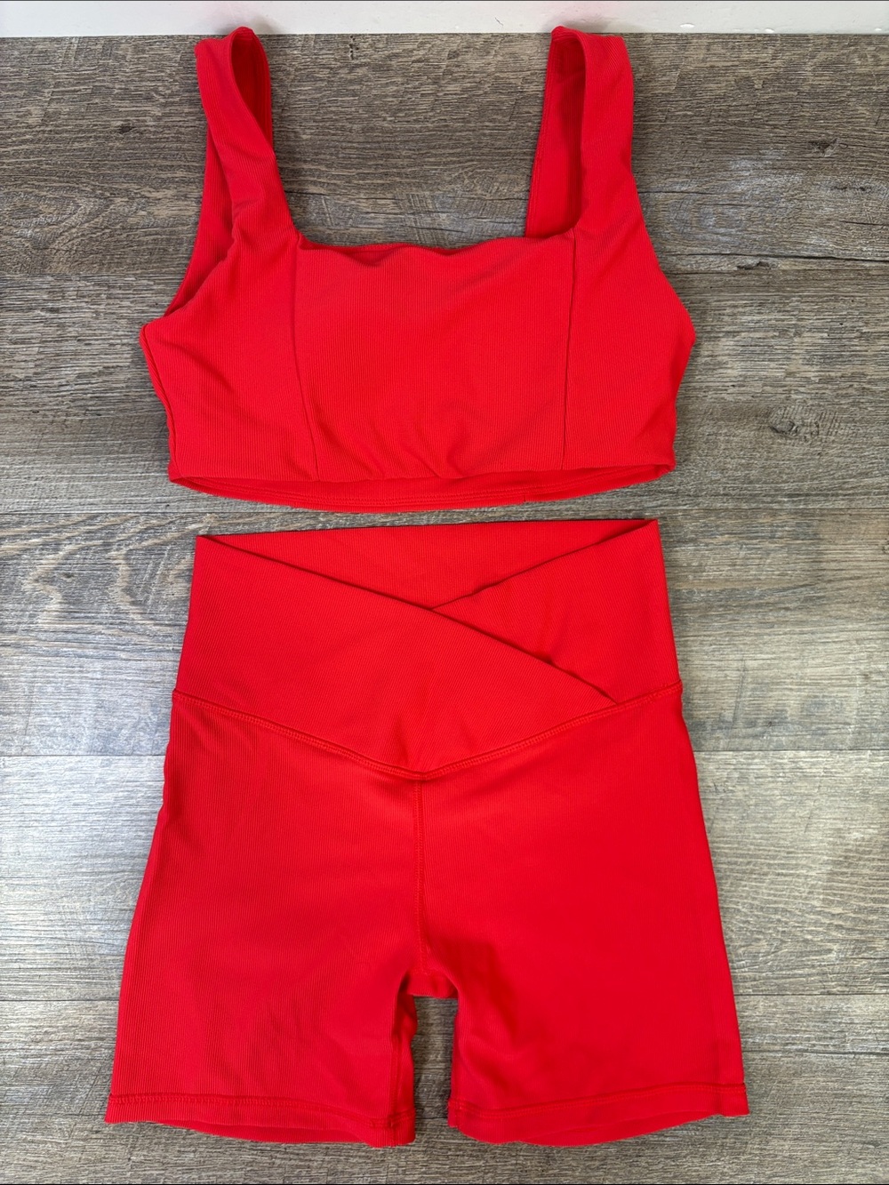WILO The Label Red Ribbed Sports Bra & High Rise Biker Shorts Set Size S